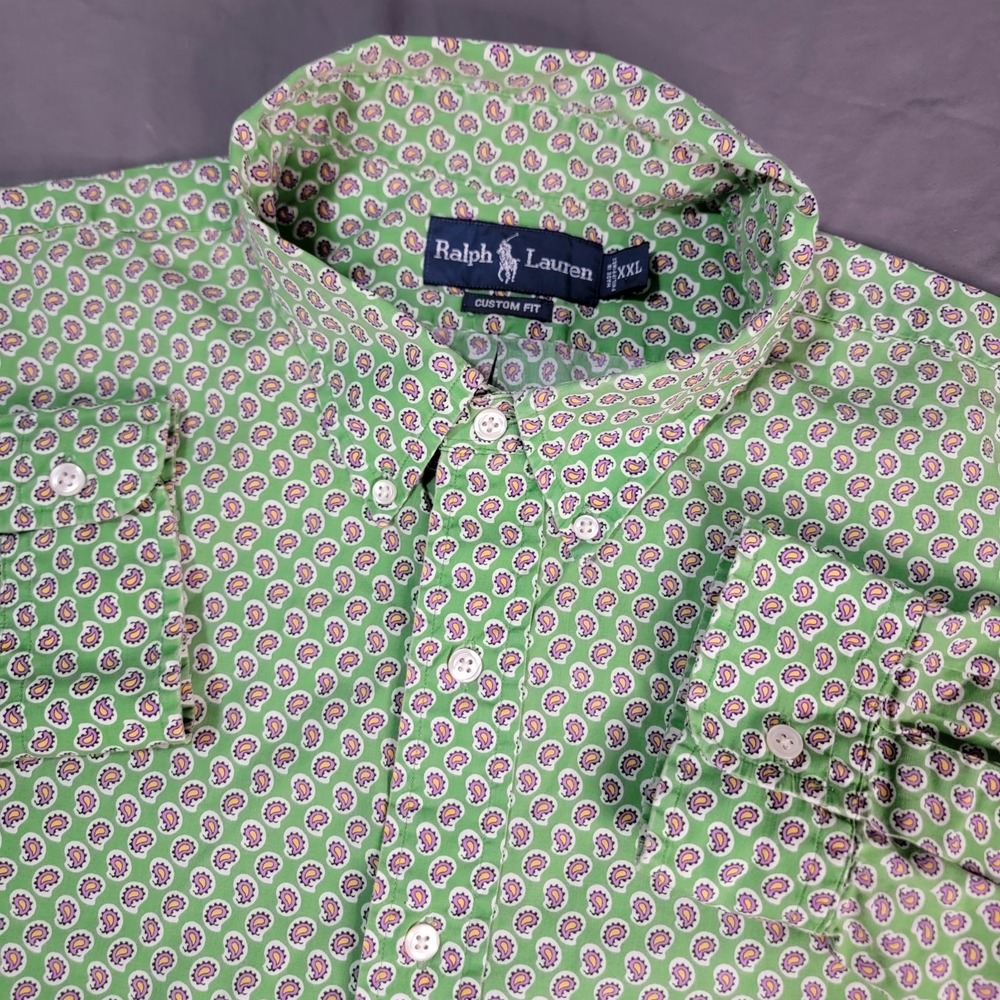 Polo Ralph Lauren Shirt Men's 2XL Green Paisley All Over Print Long Sleeve Loud